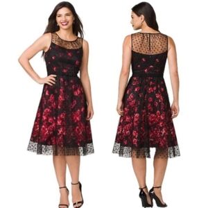 Luxe By Carmen Black Red Mesh Overlay Floral Whimsigoth Layered Dress Sz 10